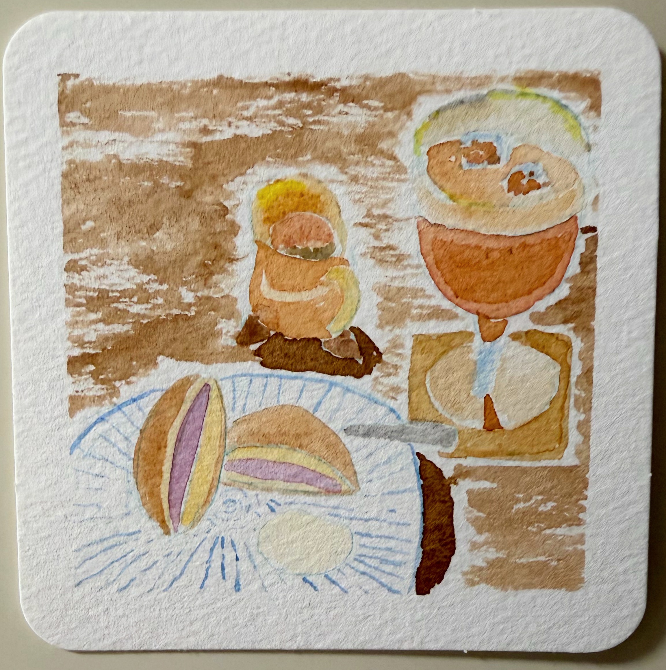 焼き菓子と飲み物が並ぶテーブルの水彩イラスト